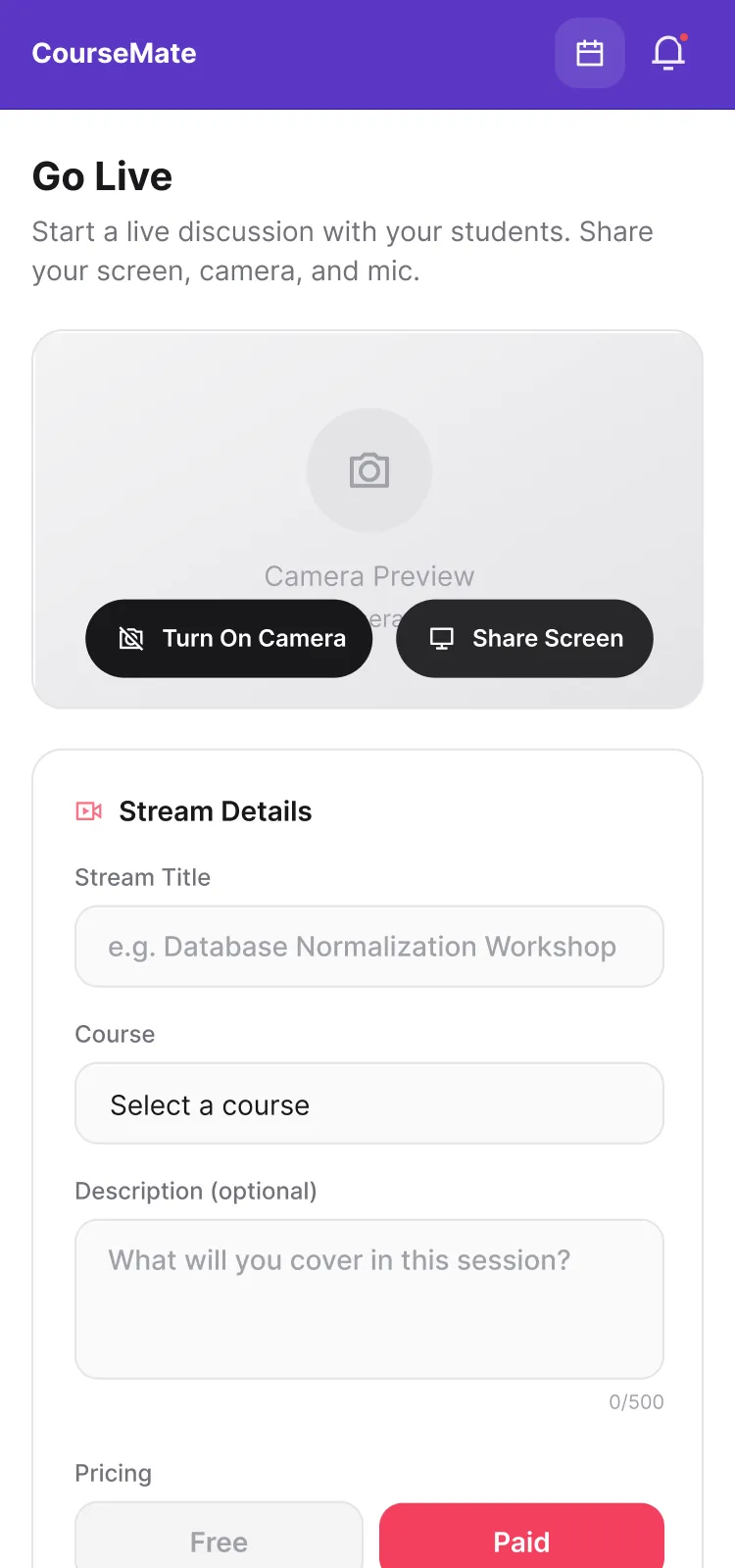 The Go Live form: camera preview, stream title, course,
                     description and a Free or Paid toggle.