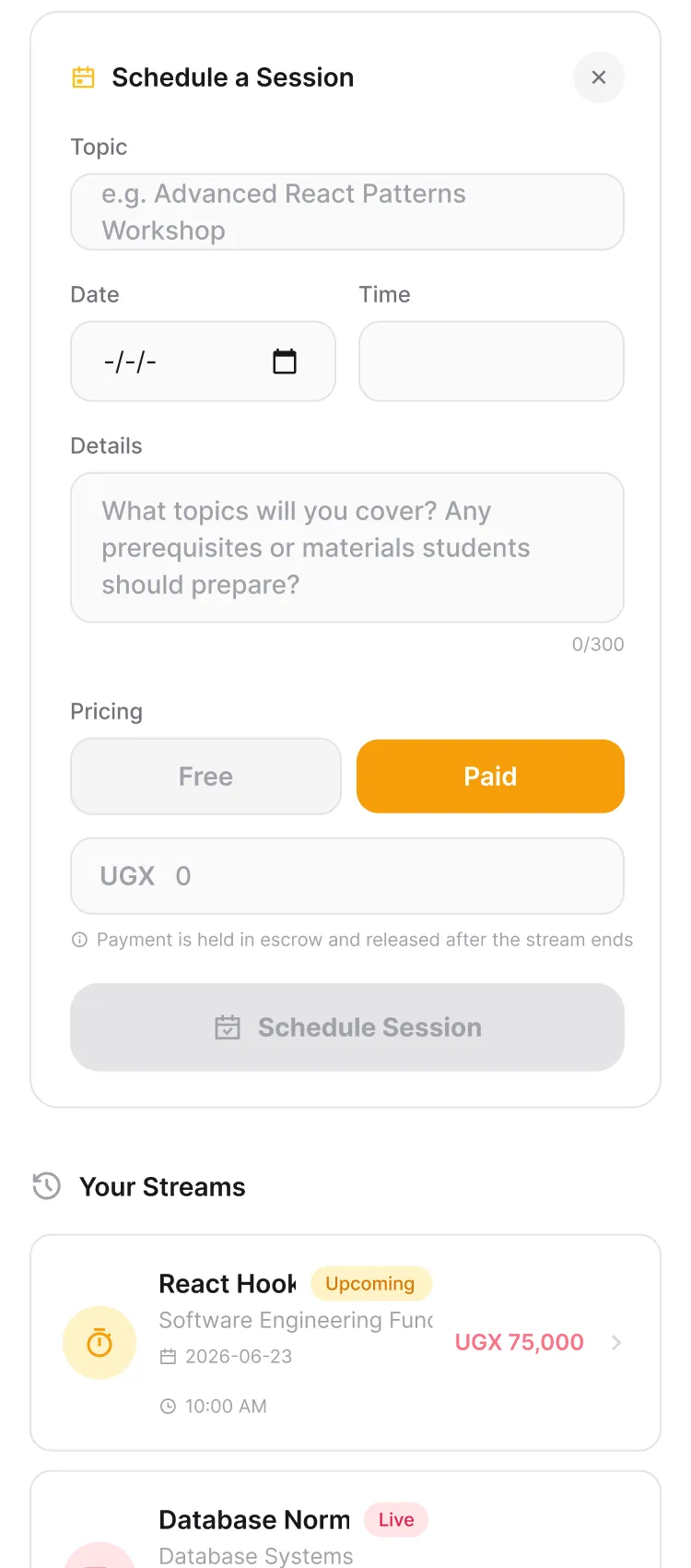 The Schedule a Session sheet: topic, date, time, details
                     and a Free or Paid price.