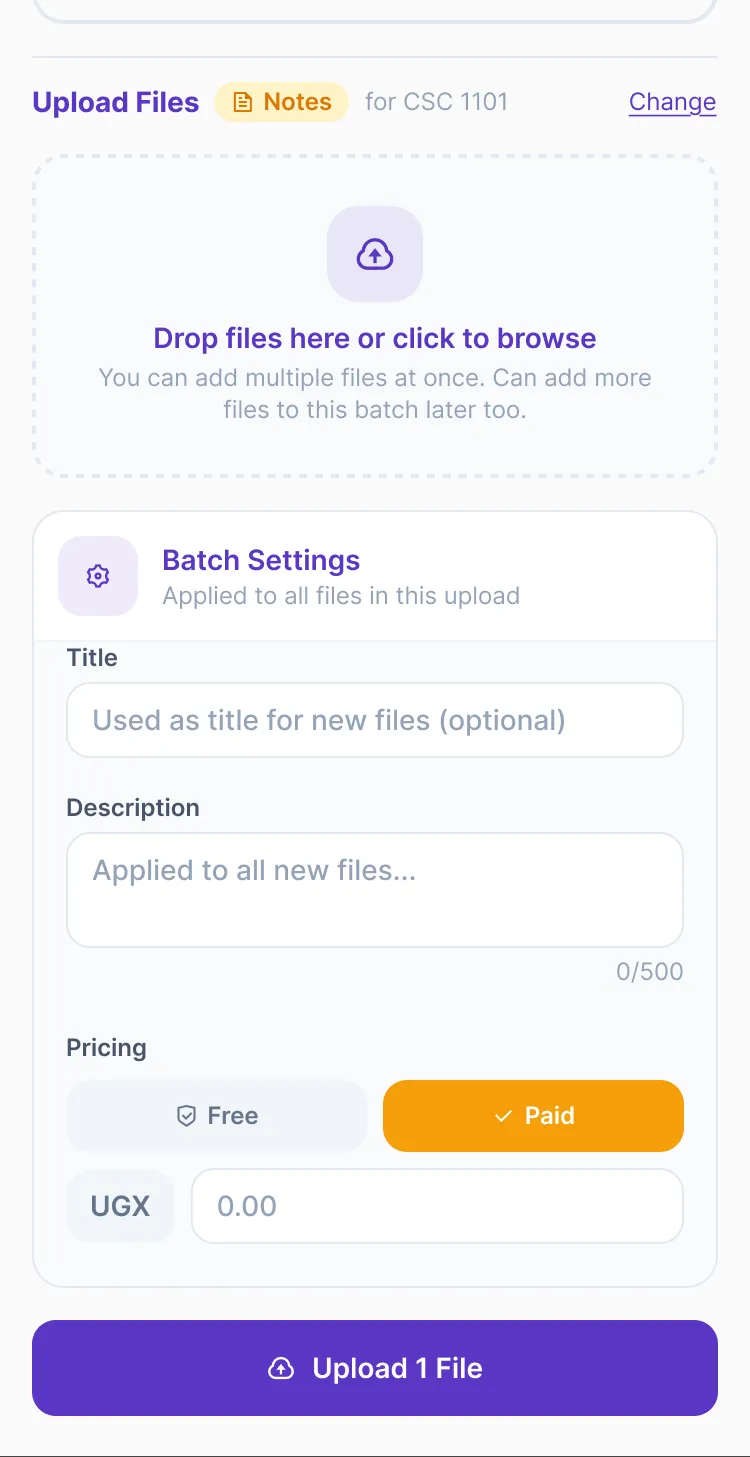 The Upload Files step: a drop zone for files, then Batch Settings
                     with a title, a description and a Free or Paid toggle with a
                     price in shillings, above an Upload button.