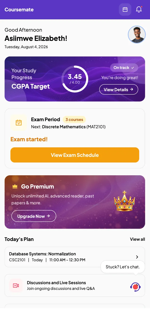 The CourseMate home screen: a CGPA target of 3.45 out of 4, an
                   exam period card for Discrete Mathematics, and today's plan.